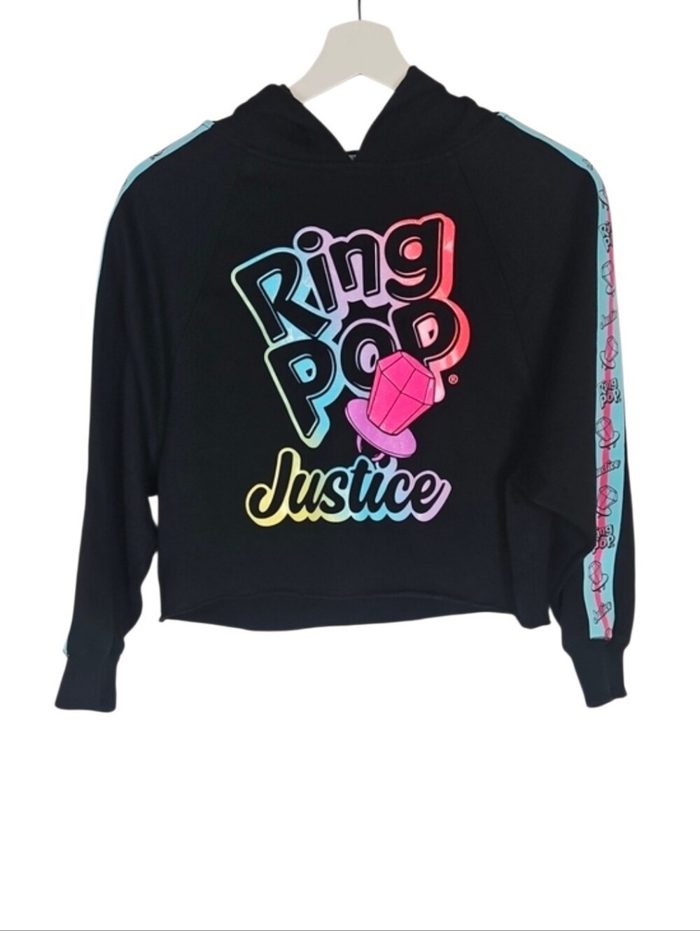 Girl's Ring Pop Justice Cropped Hoodie Sweatshirt Black Logo Long Sleeves Candy